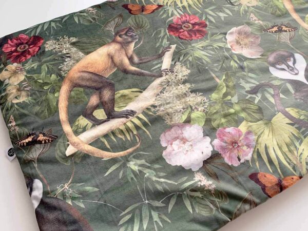 Velvet boxkleed aap in paradise groen met bladeren en bloemen